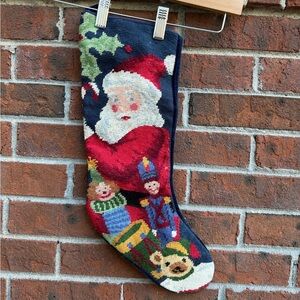 Vintage Needlepoint Embroidered Christmas Holiday Santa Toys Dog Stocking